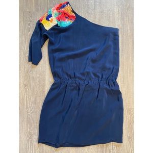 Tibi Navy Silk & Sequin one shoulder dress sz 6